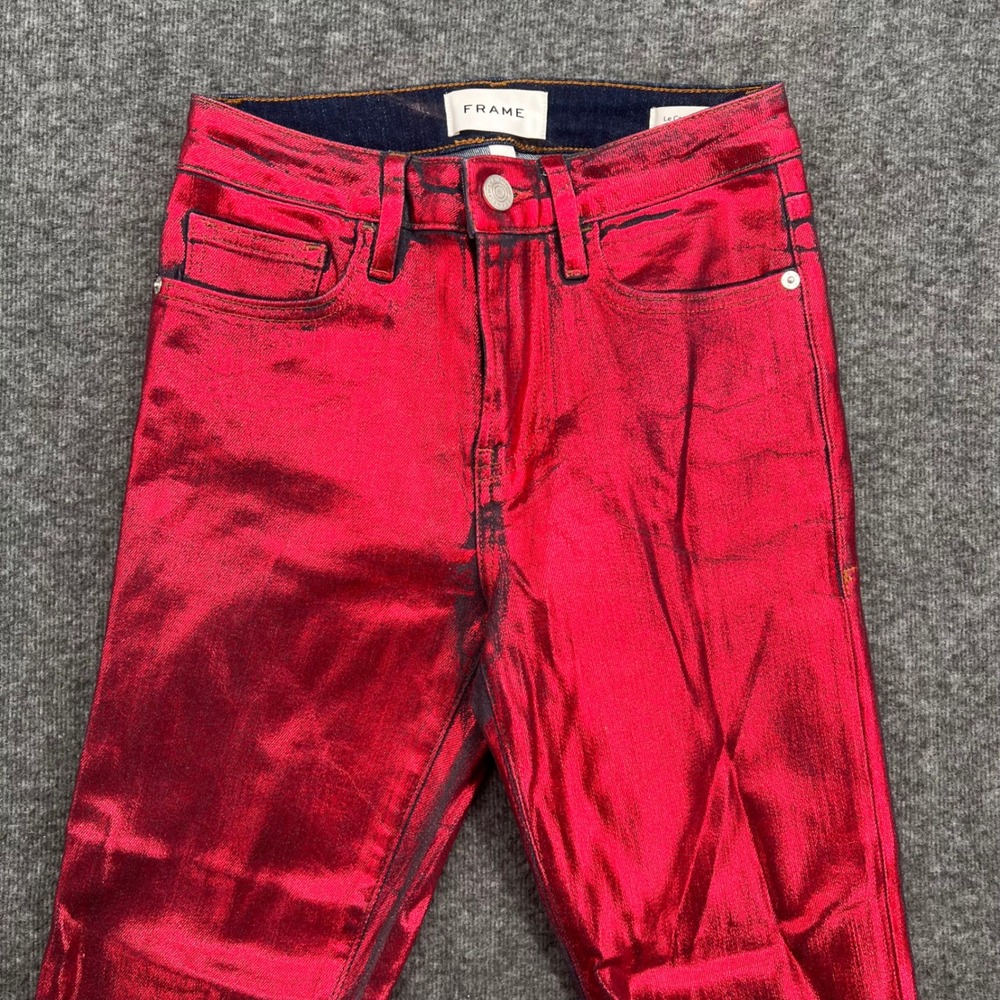 FRAME Le Crop Mini Boot Jeans Red Chrome Metallic Foil Coated Size 25 Bootleg - Picture 3 of 16